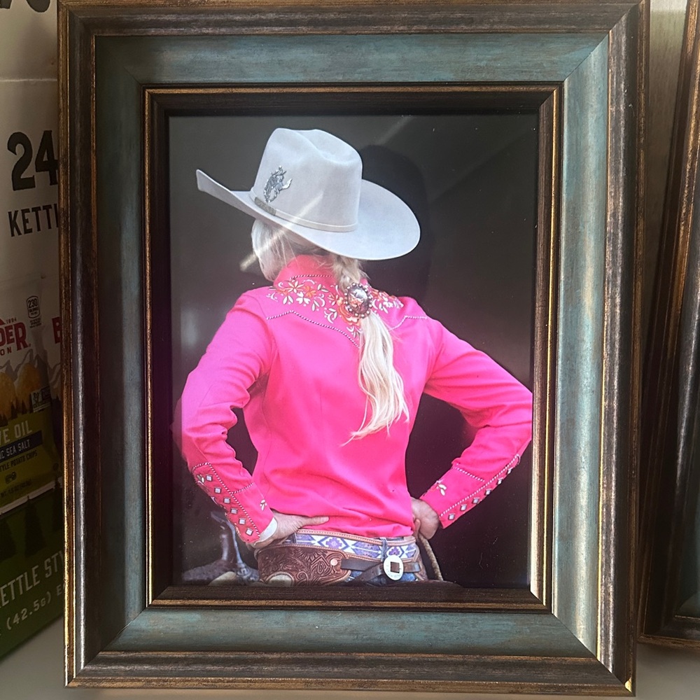 8 x 10 Framed Western Art with Pink Shirt and Gray Hat